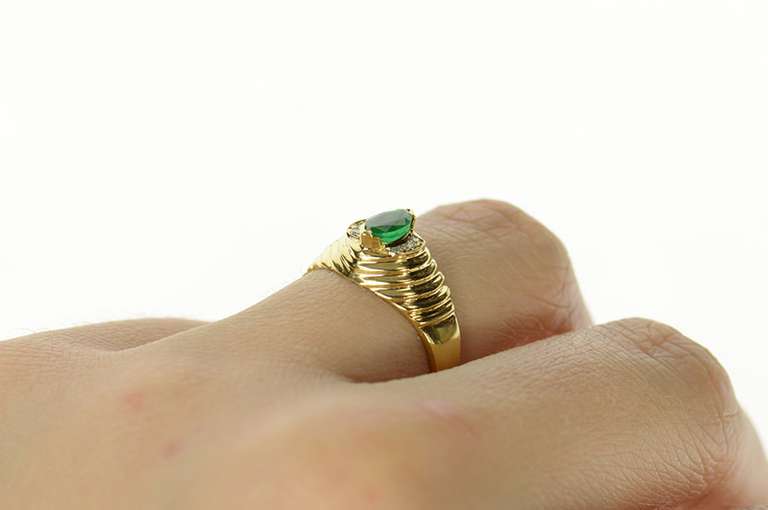 18K Yellow Gold Marquise Emerald Diamond Accent Grooved Ring