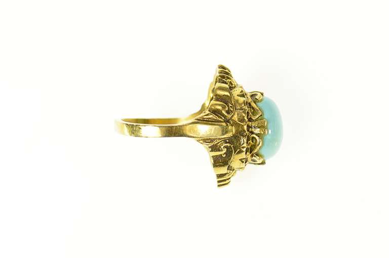 14K Yellow Gold Ornate Turquoise Cabochon Scroll Cocktail Ring