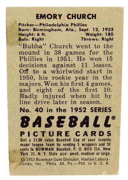 Emory Church 1952 Bowman Gum Baseball Card