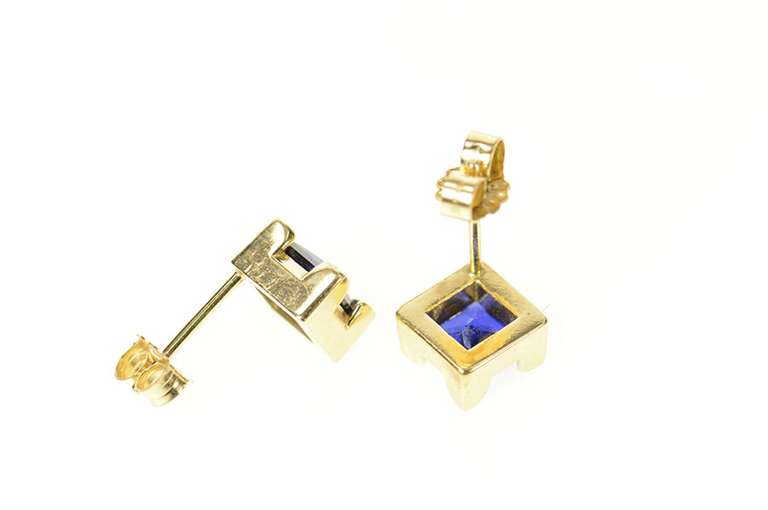 14K Yellow Gold Princess Syn. Sapphire Squared Stud Earrings