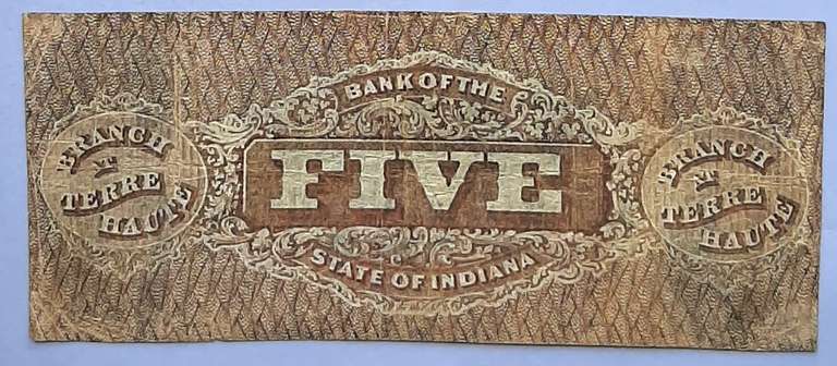 Rare 2 Sided $ 5 Bank Of The State Of Indiana