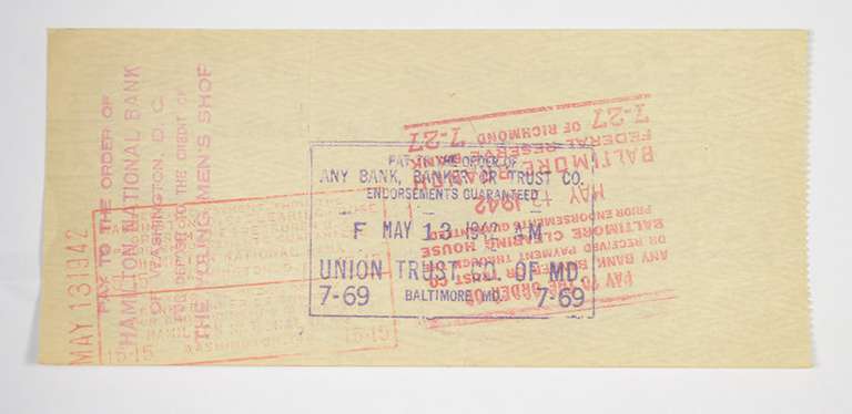 Walter Johnson Washington Senators Signed/Autographed Bank Check 1941