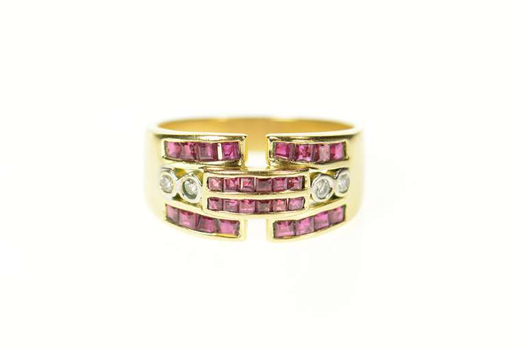 14K Yellow Gold Squared Ruby Diamond Geometric Statement Ring