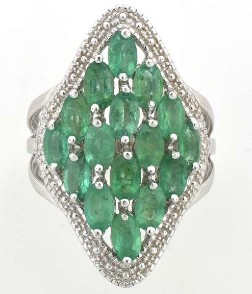 Entrancing 3.48CTW Natural Emerald Cluster Ring in Platinum-Plated Silver