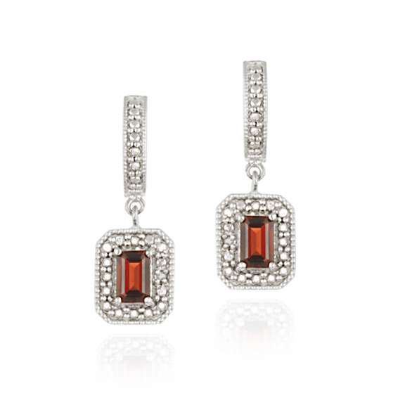 Sterling Silver Garnet & Diamond Accent Rectangular Dangle Earrings