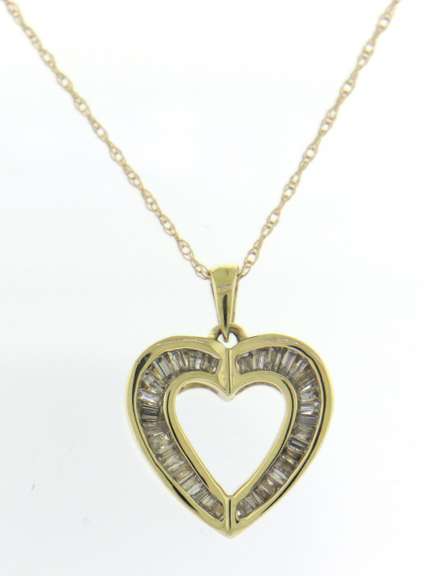 Handsome Yellow Gold Baguette Diamond Heart Pendant on Chain