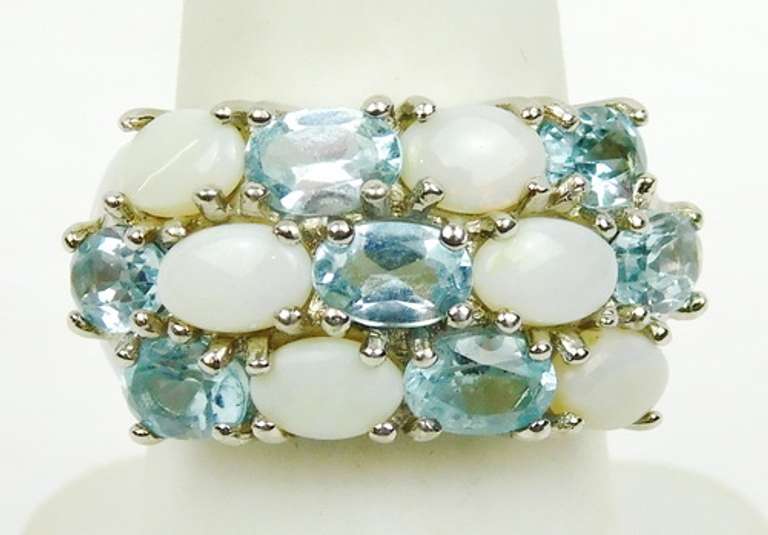 Beautiful Wide Sterling Ring of Opals & Blue Topaz, 7.5
