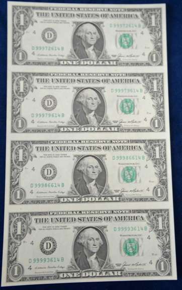 Uncut Sheet of 4 1985 D One Dollar Bill with Special holder