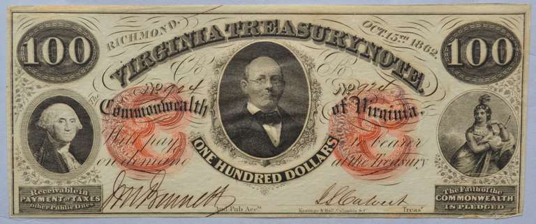 $ 100 Oct 15 1862 CH CU Virginia Treasure Note