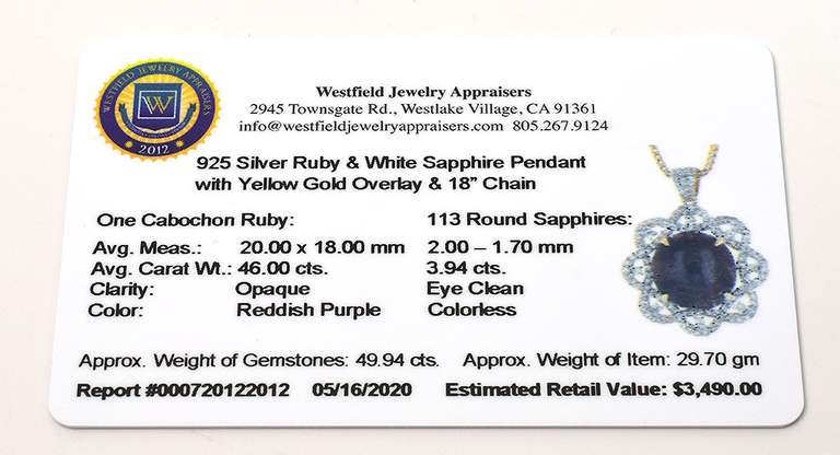 Gorgeous  Huge 46.00CTS Cabochon-Cut Star Ruby & White Sapphire Necklace in Vermeil