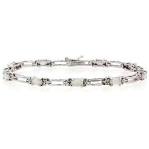 Sterling Silver Created White Opal and Genuine Diamond Accent Bracelet