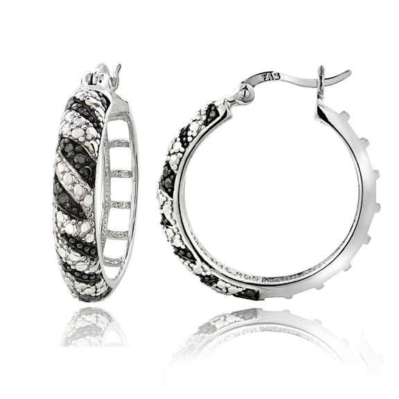 1/10 Ct Black Diamond Striped Hoop Earrings