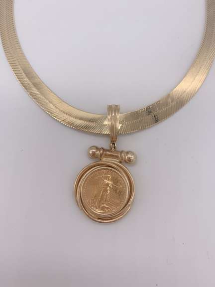 14kt Solid Gold Herringbone Necklace with Coin Pendant