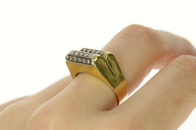 14K Yellow Gold Rounded Tiered Pave Bar Diamond Squared Ring