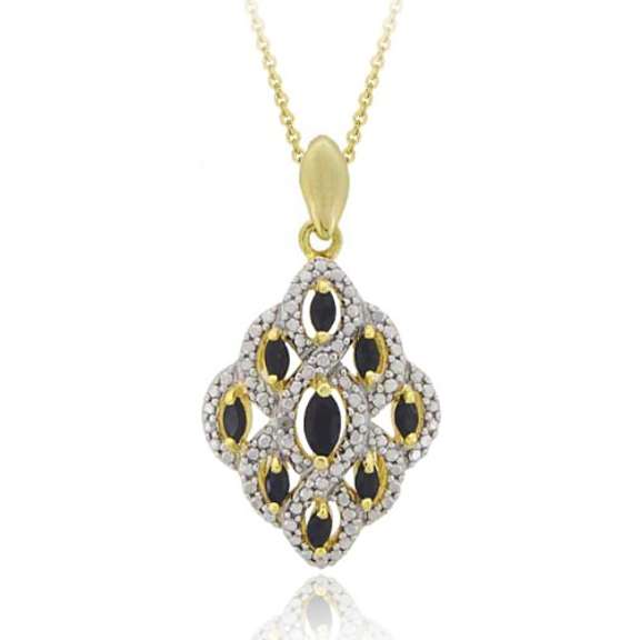 18K Gold over Sterling Silver Genuine Sapphire & Diamond Marquise Shaped Pendant