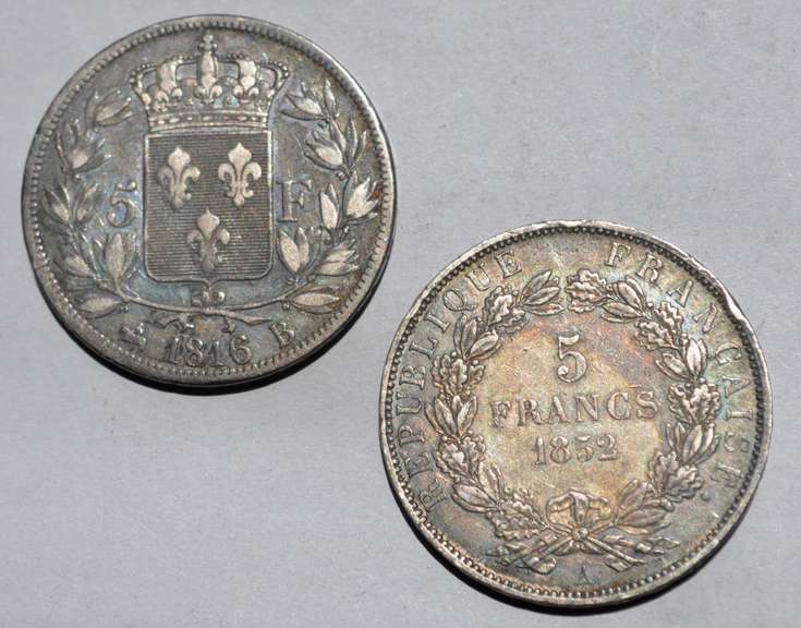 Toned 1816 B & 1852 A Napoleon 5 Francs