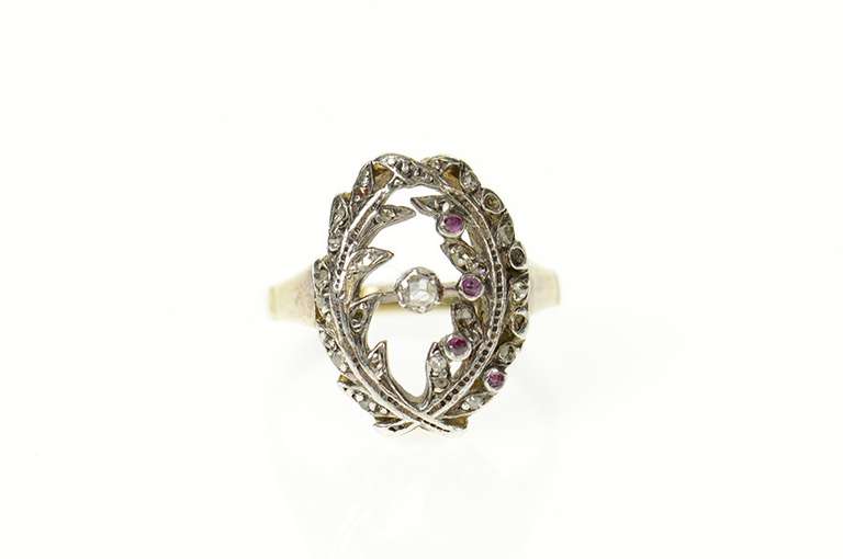 14K Yellow Gold Victorian Diamond Ruby Wreath Oval Statement Ring