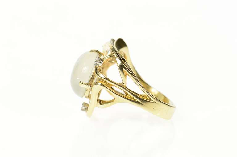 14K Yellow Gold Retro Ornate Moonstone Diamond Statement Ring