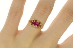 10K Yellow Gold Art Deco Oval Syn. Ruby Ornate Statement Ring
