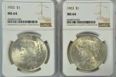 Near Gem BU 1922 & 1923 Peace Silver Dollars. NGC MS64
