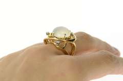 14K Yellow Gold Retro Ornate Moonstone Diamond Statement Ring