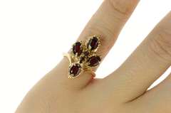 14K Yellow Gold Ornate Garnet Elaborate Cluster Chevron Ring