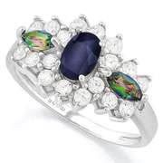 1/2 CT ENHANCED SAPPHIRE & 1.17 CT DIAMOND STERLING SILVER RING
