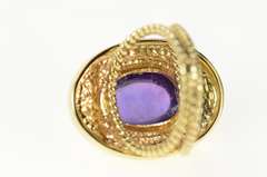 14K Yellow Gold Ornate Amethyst Cabochon Retro Cocktail Ring