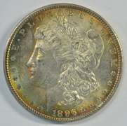 Great rainbow toned choice BU 1896 Morgan Silver Dollar