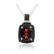 Sterling Silver 4ct Garnet & Black Diamond Accent Rectangle Necklace
