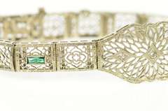 14K White Gold Art Deco Filigree Diamond Syn Emerald Bracelet