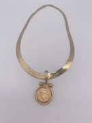 14kt Solid Gold Herringbone Necklace with Coin Pendant