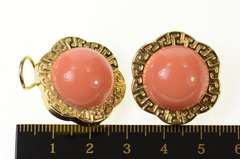 14K Yellow Gold Retro Puffy Syn. Coral Flower Scalloped Clip Earrings