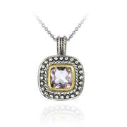 Sterling Silver Two Tone Designer Inspired Amethyst Square Pendant w/ Beaded Border