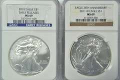 NGC MS69 2010 ER & 2011-W 25th Anniv MS70 $1 Silver Eagles