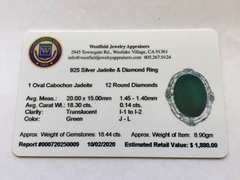 Delightful Massive 18.30CTS Jade & Diamond Ring in Sterling Silver