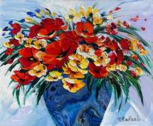 Spectacular Original by Yana Rafael Yana Rafael Puppies and viols in a blue vase