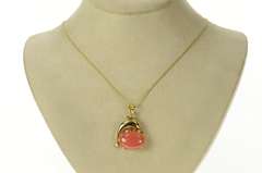 14K Yellow Gold Rhodochrosite Cabochon Dolphin Statement Pendant