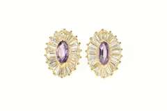 14K Yellow Gold Marquise Amethyst CZ Baguette Halo Stud Earrings