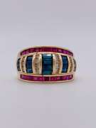 Gorgeous 14kt Gold, Ruby, Blue Sapphire, & Diamond Band Ring