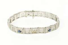 14K White Gold Art Deco Filigree Diamond Syn Sapphire Bracelet