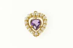 14K Yellow Gold Heart Amethyst Pearl Halo Retro Classic Pendant