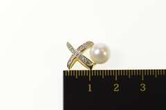 14K Yellow Gold Pearl Diamond X Criss Cross Statement Pendant