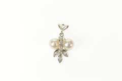 14K White Gold 1950's Pearl Diamond Leaf Cluster Statement Pendant
