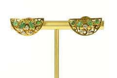 18K Yellow Gold Ornate Half Moon Emerald Diamond Scroll Earrings