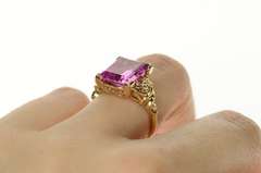 10K Yellow Gold Emerald Syn. Pink Topaz Retro Statement Ring