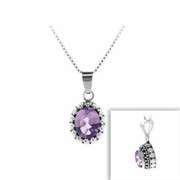 Sterling Silver Genuine Amethyst Stone Bali Beaded Oval Pendant