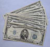 2 Each 1934 A C D  & 1953  Series $5 Silver Certificates. .