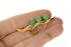 14K Yellow Gold Retro Ornate Green Chalcedony Floral Leaf Pin/Brooch