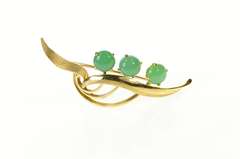 14K Yellow Gold Retro Ornate Green Chalcedony Floral Leaf Pin/Brooch